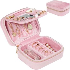 ProCase Plush Velvet Jewelry Boxes, Compact Travel Jewelry Organizer Small Jewellery Box for Women, Zippered Portable Jewelry Storage Case with Mirror for Traveling Daily Use -Emerald