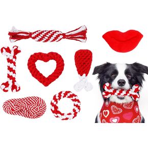 Whaline 8Pcs Valentine's Day Pet Toy Kit Include Chewing Toys, Dog Bandana and Red Lips Squeak Toy, Heart Candy Bone Shape Cotton Rope Chew Toy for Small Medium Large Dog Valentine's Day Pet Gifts in Kuwait