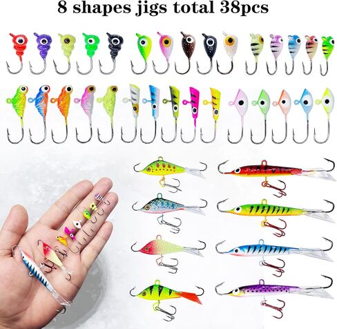 Bombite 38 قطعة من أدوات صيد الأسماك على الجليد مجموعة طُعم صيد الأسماك المتوهجة على الجليد ورؤوس صيد الكرابي وصيد الأسماك في الشتاء مع صندوق أدوات in Kuwait