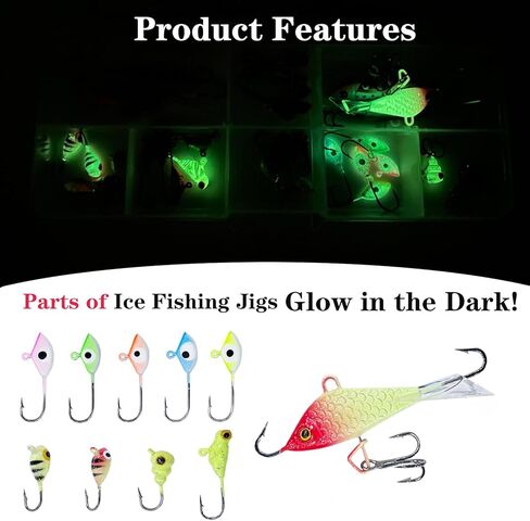 Bombite 38 قطعة من أدوات صيد الأسماك على الجليد مجموعة طُعم صيد الأسماك المتوهجة على الجليد ورؤوس صيد الكرابي وصيد الأسماك في الشتاء مع صندوق أدوات in Kuwait