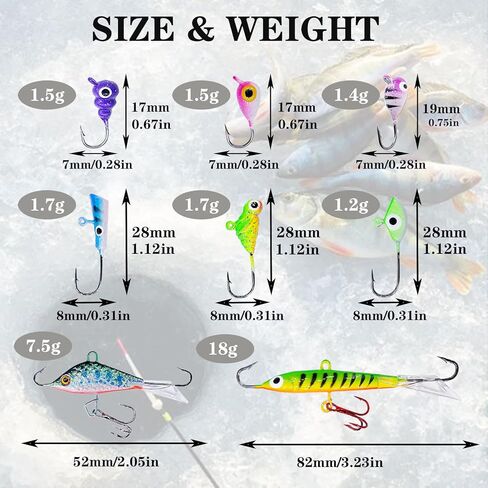 Bombite 38 قطعة من أدوات صيد الأسماك على الجليد مجموعة طُعم صيد الأسماك المتوهجة على الجليد ورؤوس صيد الكرابي وصيد الأسماك في الشتاء مع صندوق أدوات in Kuwait