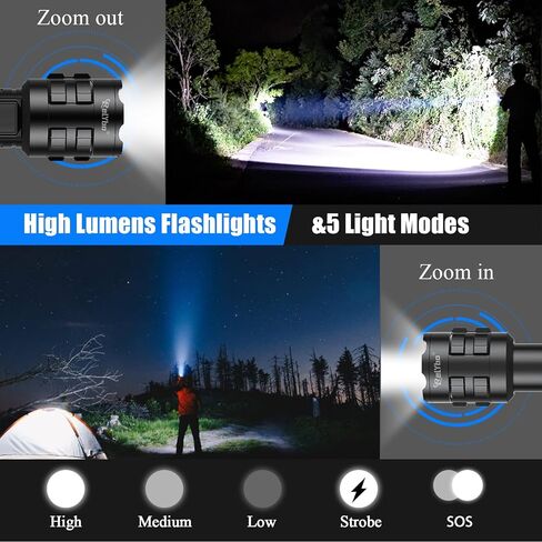 Rechargeable LED Flashlights High Lumens, 900,000 Lumens Tactical Flashlights, Super Bright High Powered Flash Light 5 Modes & 12H Long Runtime for Emergencies, Camping, Dog Walking in Kuwait