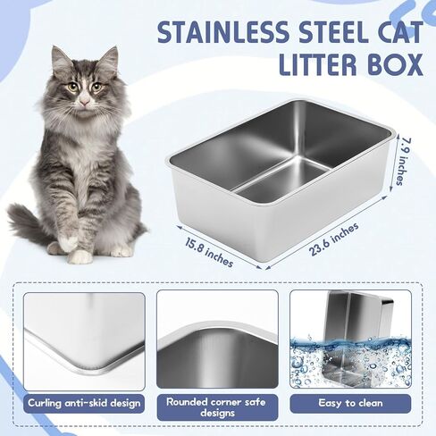 صندوق فضلات القطط من الفولاذ المقاوم للصدأ كبير جدًا من Tioncy، 2 مغرفة فضلات القطط، 2 حصيرة فضلات القطط، 12 واقي رذاذ زاوية لا يمتص الرائحة أبدًا، مقاوم للصدأ، سطح أملس غير لاصق (23.6 × 15.8 × 7.9 بوصة) in Kuwait
