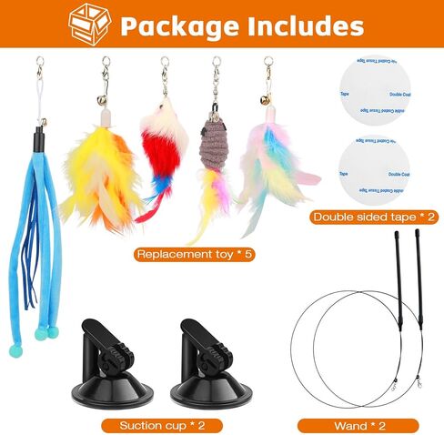 بيتيزر العاب قطط للقطط في الاماكن المغلقة، 9 قطع من العاب القطط التفاعلية - 2 عصا تشويق للقطط، 2 كوب شفط فائق الالتصاق و5 قطع بديلة من الريش الطبيعي مع جرس in Kuwait