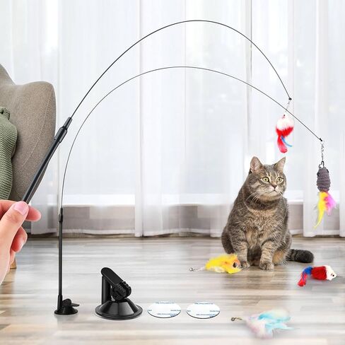 بيتيزر العاب قطط للقطط في الاماكن المغلقة، 9 قطع من العاب القطط التفاعلية - 2 عصا تشويق للقطط، 2 كوب شفط فائق الالتصاق و5 قطع بديلة من الريش الطبيعي مع جرس in Kuwait