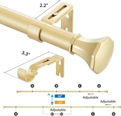 قضبان ستائر بوكس ​​سبيس للنوافذ من 66 إلى 120، قضيب ستارة ذهبي بقطر 1 بوصة، قضيب ستارة نافذة قابل للتعديل، قضبان ستائر شديدة التحمل مع نهايات زخرفية، ذهبي in Kuwait