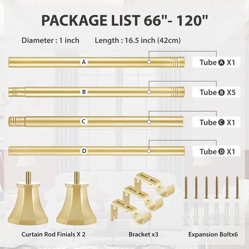 قضبان ستائر بوكس ​​سبيس للنوافذ من 66 إلى 120، قضيب ستارة ذهبي بقطر 1 بوصة، قضيب ستارة نافذة قابل للتعديل، قضبان ستائر شديدة التحمل مع نهايات زخرفية، ذهبي in Kuwait