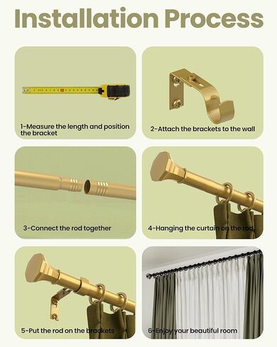 قضبان ستائر بوكس ​​سبيس للنوافذ من 66 إلى 120، قضيب ستارة ذهبي بقطر 1 بوصة، قضيب ستارة نافذة قابل للتعديل، قضبان ستائر شديدة التحمل مع نهايات زخرفية، ذهبي in Kuwait
