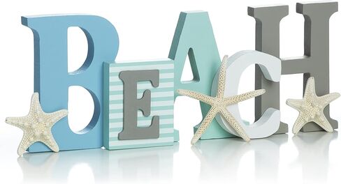 Wood Beach Word Sign in Misty Blues, Greens and White | Hangs on Wall or Stands on Table in Saudi Arabia