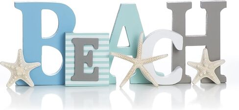 Wood Beach Word Sign in Misty Blues, Greens and White | Hangs on Wall or Stands on Table in Saudi Arabia