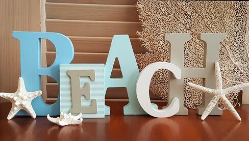 Wood Beach Word Sign in Misty Blues, Greens and White | Hangs on Wall or Stands on Table in Saudi Arabia