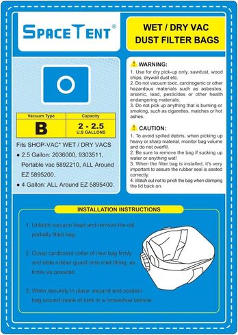 SpaceTent 40 كيس فلتر مكنسة كهربائية من النوع B، الجزء # 90668 - متوافق مع مكنسة Shop Vac 2-2.5 جالون و2.5 جالون في جميع أنحاء EZ Vacuum 9066800 in Kuwait