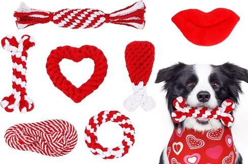 Whaline 8Pcs Valentine's Day Pet Toy Set Include Chewing Toys, Dog Bandana and Red Lip Squeak Toy Rose Red White Heart Candy Bone Shape Cotton Rope Chew Toys for Lover's Day Small Medium Dog Gifts in Kuwait