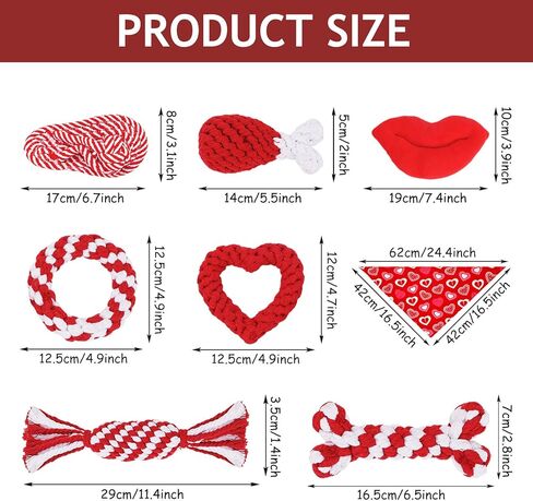 Whaline 8Pcs Valentine's Day Pet Toy Set Include Chewing Toys, Dog Bandana and Red Lip Squeak Toy Rose Red White Heart Candy Bone Shape Cotton Rope Chew Toys for Lover's Day Small Medium Dog Gifts in Kuwait