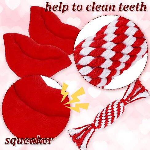Whaline 8Pcs Valentine's Day Pet Toy Set Include Chewing Toys, Dog Bandana and Red Lip Squeak Toy Rose Red White Heart Candy Bone Shape Cotton Rope Chew Toys for Lover's Day Small Medium Dog Gifts in Kuwait