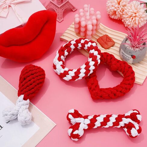 Whaline 8Pcs Valentine's Day Pet Toy Set Include Chewing Toys, Dog Bandana and Red Lip Squeak Toy Rose Red White Heart Candy Bone Shape Cotton Rope Chew Toys for Lover's Day Small Medium Dog Gifts in Kuwait