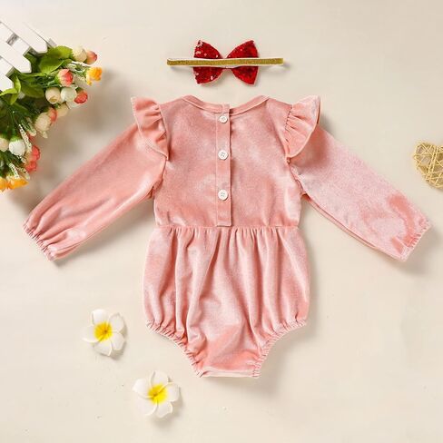 ملابس عيد الميلاد الأولى للفتيات من GRNSHTS بدلة رومبير مخملية بعمر سنة واحدة + رباط رأس 2 قطعة ملابس سحق الكيك in Kuwait