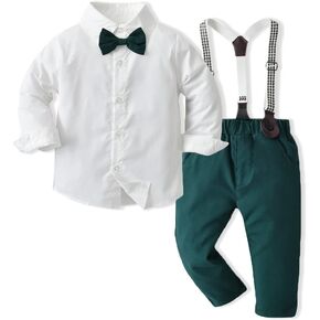 HIMEAN Baby Toddler Boys Gentleman Outfits Long Sleeve Bowtie Dress Shirts + Suspender Pants Suits Clothes Sets in Kuwait