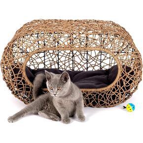 Fun Stackable White Cat Condo for Indoor Cats - Interactive Play Rattan Modern Cat House for Indoor Cats Kitty, Pet Friendly Top/Side House Entry, Cat Bed Enclosed