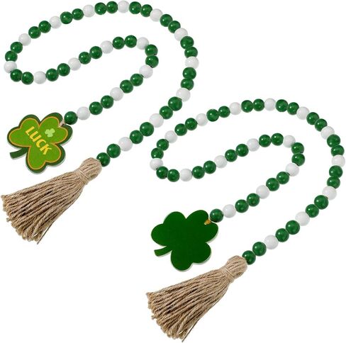 2 Pieces St Patrick's Day Wood Beads Garland with Tassels Hanging Wooden Green Shamrock Pendant Ornaments Farmhouse Style Irish Wood Beaded Decor for St Patrick's Day Tiered Tray Decorations in Saudi Arabia