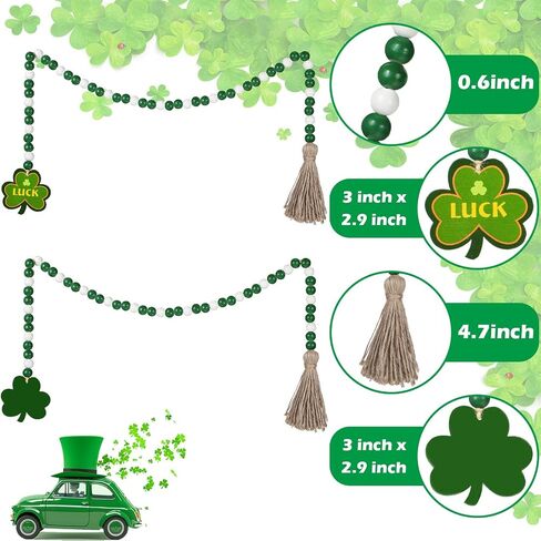 2 Pieces St Patrick's Day Wood Beads Garland with Tassels Hanging Wooden Green Shamrock Pendant Ornaments Farmhouse Style Irish Wood Beaded Decor for St Patrick's Day Tiered Tray Decorations in Saudi Arabia