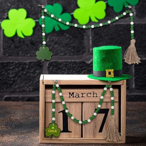 2 Pieces St Patrick's Day Wood Beads Garland with Tassels Hanging Wooden Green Shamrock Pendant Ornaments Farmhouse Style Irish Wood Beaded Decor for St Patrick's Day Tiered Tray Decorations in Saudi Arabia