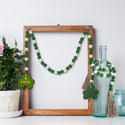 2 Pieces St Patrick's Day Wood Beads Garland with Tassels Hanging Wooden Green Shamrock Pendant Ornaments Farmhouse Style Irish Wood Beaded Decor for St Patrick's Day Tiered Tray Decorations in Saudi Arabia