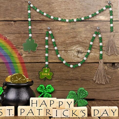 2 Pieces St Patrick's Day Wood Beads Garland with Tassels Hanging Wooden Green Shamrock Pendant Ornaments Farmhouse Style Irish Wood Beaded Decor for St Patrick's Day Tiered Tray Decorations in Saudi Arabia