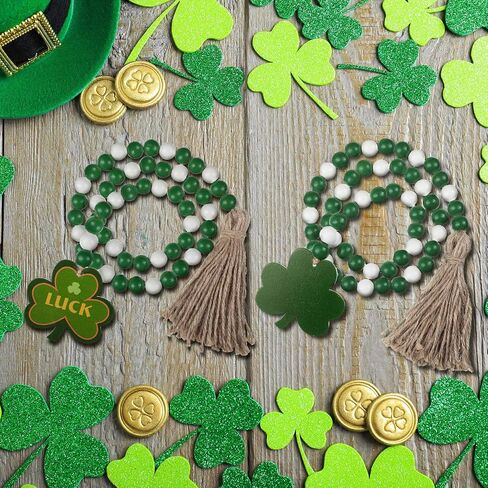 2 Pieces St Patrick's Day Wood Beads Garland with Tassels Hanging Wooden Green Shamrock Pendant Ornaments Farmhouse Style Irish Wood Beaded Decor for St Patrick's Day Tiered Tray Decorations in Saudi Arabia