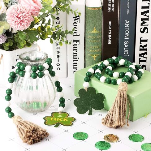 2 Pieces St Patrick's Day Wood Beads Garland with Tassels Hanging Wooden Green Shamrock Pendant Ornaments Farmhouse Style Irish Wood Beaded Decor for St Patrick's Day Tiered Tray Decorations in Saudi Arabia