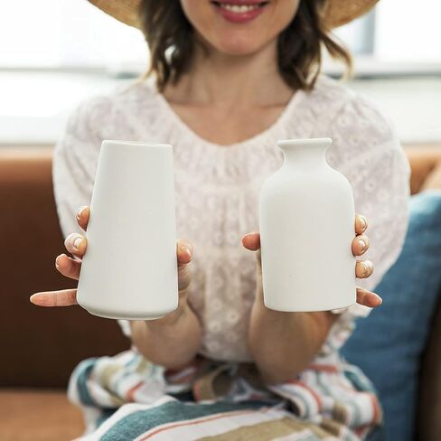 مجموعة من 2 مزهريات سيراميك بيضاء كلاسيكية، مزهريات طويلة للزهور، لديكورات غرفة المعيشة، ديكور المنزل، بيوت المزارع الحديثة، الرف المثالي، الطاولة، رف الكتب، الوشاح، عشب البامبا in Kuwait