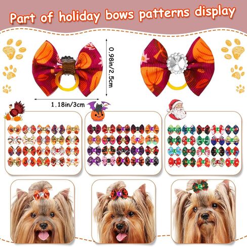 Yunlly 240 Pcs Thanksgiving Christmas Dog Hair Bows with Rubber Bands Halloween Puppy Bows Cute Style Pet Hair Bows Rhinestone Grooming Bows Cat Dog Topknot Bows Small Fall Holiday Bowknot Accessory in Saudi Arabia