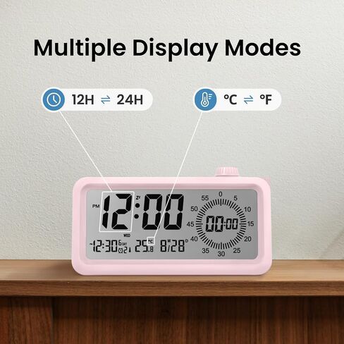ساعة مدير الوقت المرئية الرقمية من MADV، ساعة منبه إلكترونية متعددة الوظائف - شاشة LCD الكل في واحد، ساعة منبه صامتة للطلاب بإضاءة خلفية قابلة للتعديل، هدايا للأطفال (وردي) in Kuwait