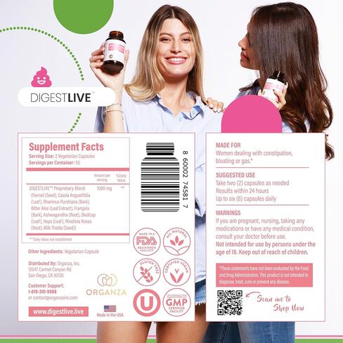 دايجست لايف - ملين وتخفيف الإمساك للنساء - منعم البراز - طبيعي 100% - 100 كبسولة - تنظيف القولون الأنثوي، التخلص من السموم - تخفيف الغازات والانتفاخ - نباتي، خالي من الغلوتين والكائنات المعدلة وراثيًا in Saudi Arabia