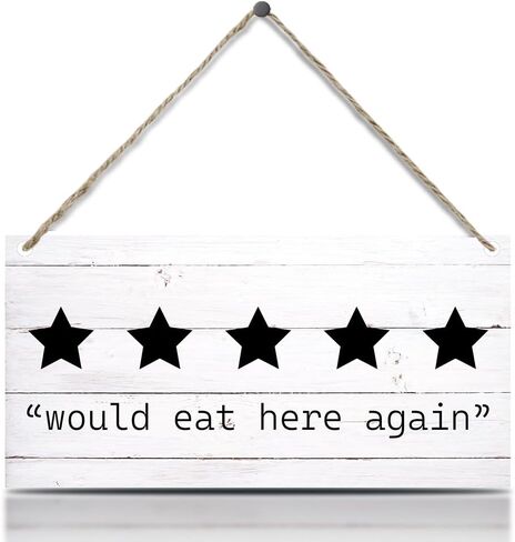 لافتات مطبخ مضحكة، 5 نجوم ستأكل هنا مرة أخرى علامات لوحة خشبية معلقة على الحائط لباب المنزل والمزرعة والمطبخ وغرفة الطعام وديكور المطعم، لافتات مطبخ لطيفة لتزيين الحائط 11.8 × 5.9 بوصة (J617) in Kuwait