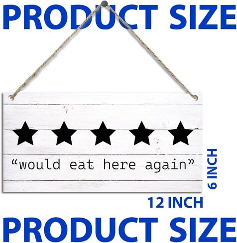 لافتات مطبخ مضحكة، 5 نجوم ستأكل هنا مرة أخرى علامات لوحة خشبية معلقة على الحائط لباب المنزل والمزرعة والمطبخ وغرفة الطعام وديكور المطعم، لافتات مطبخ لطيفة لتزيين الحائط 11.8 × 5.9 بوصة (J617) in Kuwait
