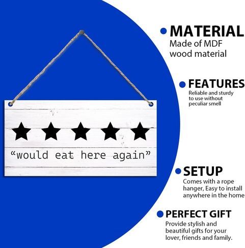 لافتات مطبخ مضحكة، 5 نجوم ستأكل هنا مرة أخرى علامات لوحة خشبية معلقة على الحائط لباب المنزل والمزرعة والمطبخ وغرفة الطعام وديكور المطعم، لافتات مطبخ لطيفة لتزيين الحائط 11.8 × 5.9 بوصة (J617) in Kuwait