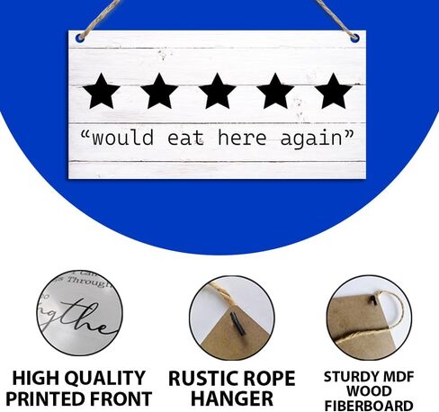 لافتات مطبخ مضحكة، 5 نجوم ستأكل هنا مرة أخرى علامات لوحة خشبية معلقة على الحائط لباب المنزل والمزرعة والمطبخ وغرفة الطعام وديكور المطعم، لافتات مطبخ لطيفة لتزيين الحائط 11.8 × 5.9 بوصة (J617) in Kuwait