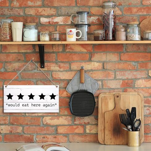 لافتات مطبخ مضحكة، 5 نجوم ستأكل هنا مرة أخرى علامات لوحة خشبية معلقة على الحائط لباب المنزل والمزرعة والمطبخ وغرفة الطعام وديكور المطعم، لافتات مطبخ لطيفة لتزيين الحائط 11.8 × 5.9 بوصة (J617) in Kuwait