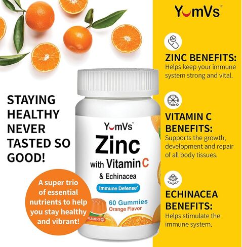 علكات الزنك وفيتامين C وإشنسا للبالغين والأطفال من YumVs | مضغ العلكة - نباتي، حلال، كوشير | نكهة البرتقال - عدد 60 in Kuwait