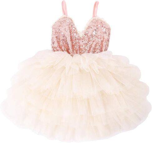 Cilucu Girls Dress Toddler Kids Party Dress Sequin Tutu Pageant Lace Dresses Gown for Flower Girl Baby Rose Gold/Pink Peach in Saudi Arabia