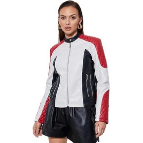 LY VAREY LIN Women's Faux Leather Bomber Jacket Patchwork Punk Moto Biker Coat