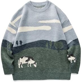Arssm Men’s Cow Sweater Knit Oversized Casual Knit Pullover Jumper Sweater in Kuwait