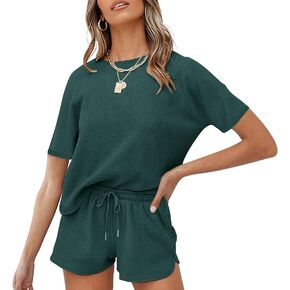 MEROKEETY Women's Short Sleeve Waffle Pajama Sets Lounge Top and Shorts 2 Piece Tracksuit Outfits