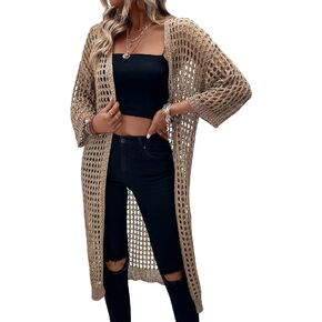 Verdusa Women's Hollow Out 3/4 Sleeve Open Front Knit Cardigan Long Kimono