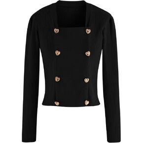 CHICWISH Women's White/Black/Light Pink/Red Heart-Shape Buttons Square Neck Knit Top in Saudi Arabia