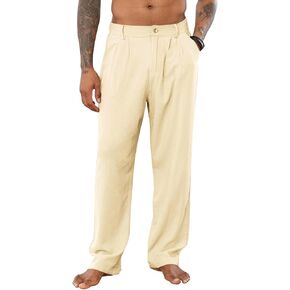 PASLTER Mens Casual Cotton Linen Pants Loose Fit Elastic Waist Yoga Beach Trousers with Pockets