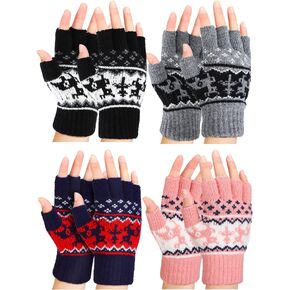 4 Pairs Fingerless Gloves Unisex Half Finger Gloves Striped Knit Stretchy Winter Gloves for Women Men Cold Weather