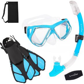 مجموعة قناع الغطس من OMGear مع زعانف معدات الغطس للبالغين من السيليكون، قناع الغطس الجاف، زعانف السباحة القصيرة، مجموعة نظارات السباحة مع غطاء للأنف، زعانف، معدات حمام السباحة in Kuwait