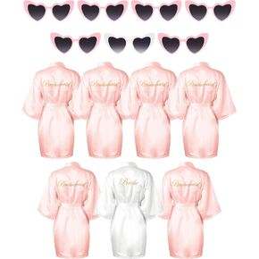 Xuhal 7 Pcs Bridesmaid Robe Sets Bachelorette Party Robe Silk Satin Robes with Heart Shaped Sunglasses Bridal Party Robe